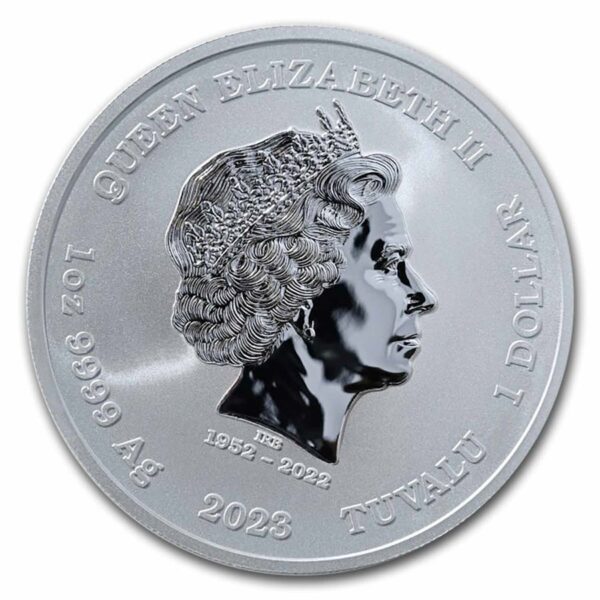 Anverso de la moneda de plata Ares con la efigie de la reina Elizabeth II y el periodo de su reinado.