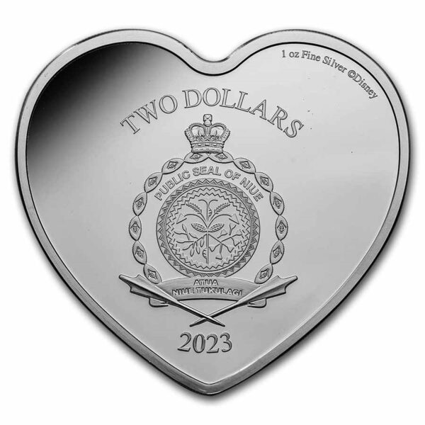 Moneda de plata Disney anverso, se muestra año de acuñación 2023, denominación de curso legal 2 dólares y peso fino 1 onza troy.