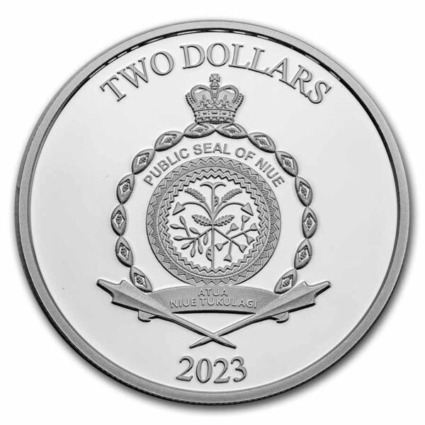 Anverso de la moneda de plata por los 30 años de los Power Rangers, valor nominal 2 dólares de curso legal en Niue.