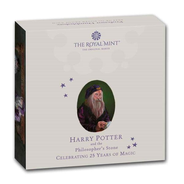 Packaging cerrado mostrando el diseño de Albus Dumbledore a color y sello de la casa acuñadora: Th Royal Mint.