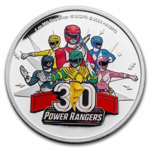 Power Rangers moneda de plata 2023 licenciada por Hasbro, todos los personajes a color.
