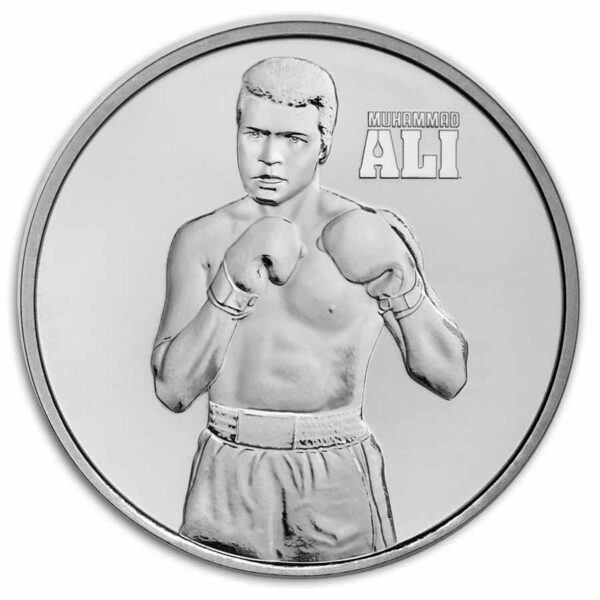 Muhammad Ali con 2 guantes de box listo para el ring. Moneda de plata.