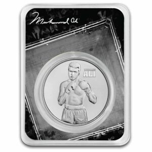 Muhammad Ali con 2 guantes de box listo para el ring. Moneda de plata en packaging oficial con diseño de cuadrilátero.