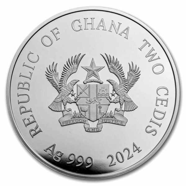 Anverso de la moneda de plata Año del Dragón 2024 con el escudo de Ghana.