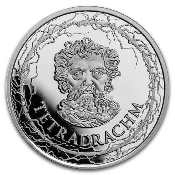 Estatua de Zeus en Olimpia moneda de plata laas 7 maravillas del mundo antiguo.