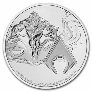 Moneda de plata Aquaman con logo y licencia DC COMICS