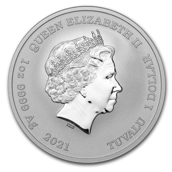 efigie de la reina Elizabeth II, plata 999, año 2021, tuvalu 1 dólar.