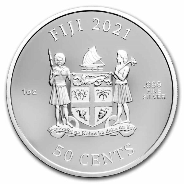 Anverso de las monedas de plata de Street Fighter II con el escudo de Fiji, año 2021, peso fino y metal.