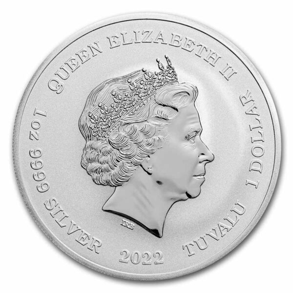 moneda de plata The Phantom efigie de la reina Elizabeth II, plata 999, año 2022, tuvalu 1 dólar.