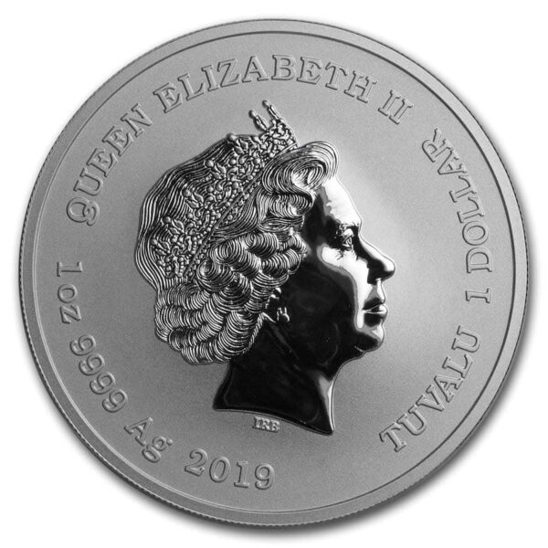 efigie de la reina Elizabeth II, plata 999, año 2019, tuvalu 1 dólar.