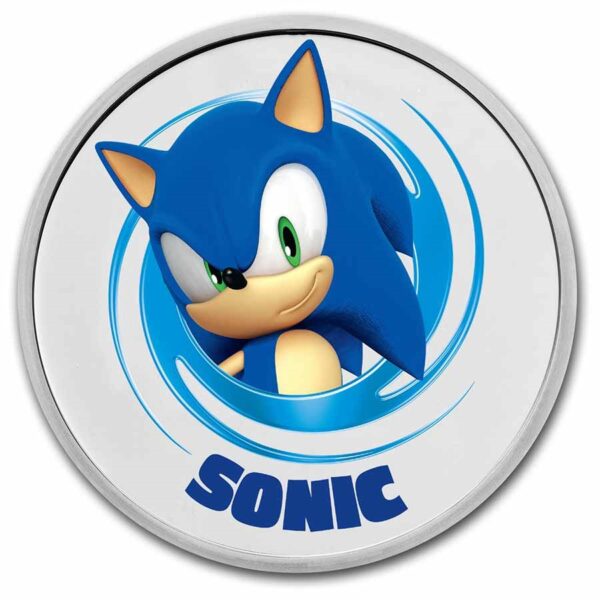 Moneda de plata con Sonic al centro.